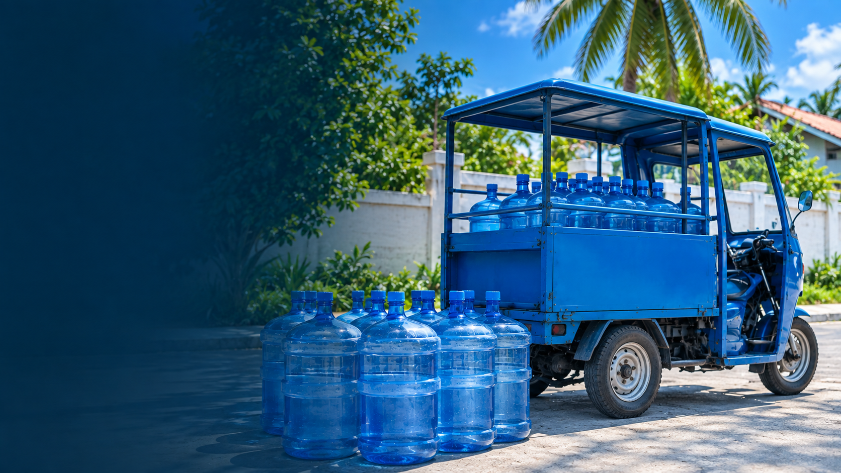 AquaBantayan delivery rider unloading water containers from a blue tricycle